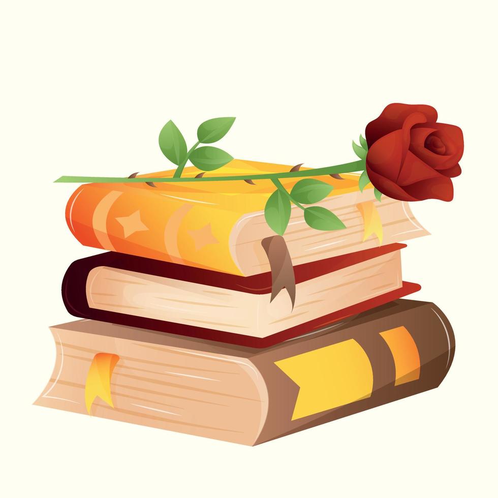A stack of three bright multi-colored books with bookmarks without inscriptions and drawings, with a red rose on top. Cute cartoon greeting square postcard for World Book Day with red rose vector