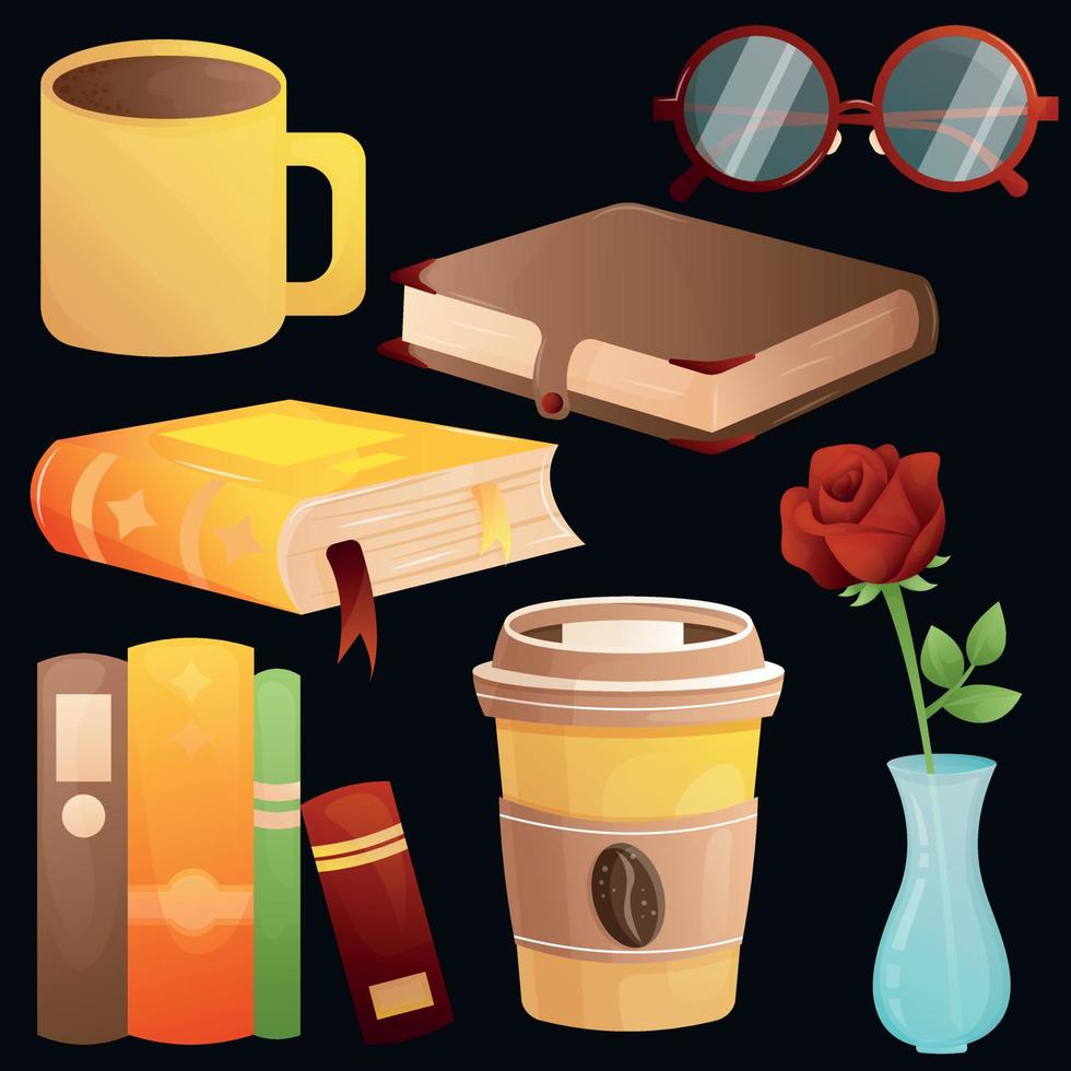 Book new cartoon set for World Book Day with two books, womens red glasses, different colored book line, yellow cup of coffee, red rose in a vase, cup of cocoa, brown retro ols book, yellow new diary vector