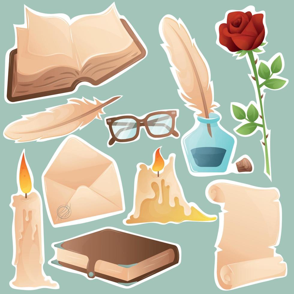 Book sticker set for World Book Day in old vintage style with open book, mens glasses, candles, feather, ink jar, stamped envelope, closed book and red rose vector