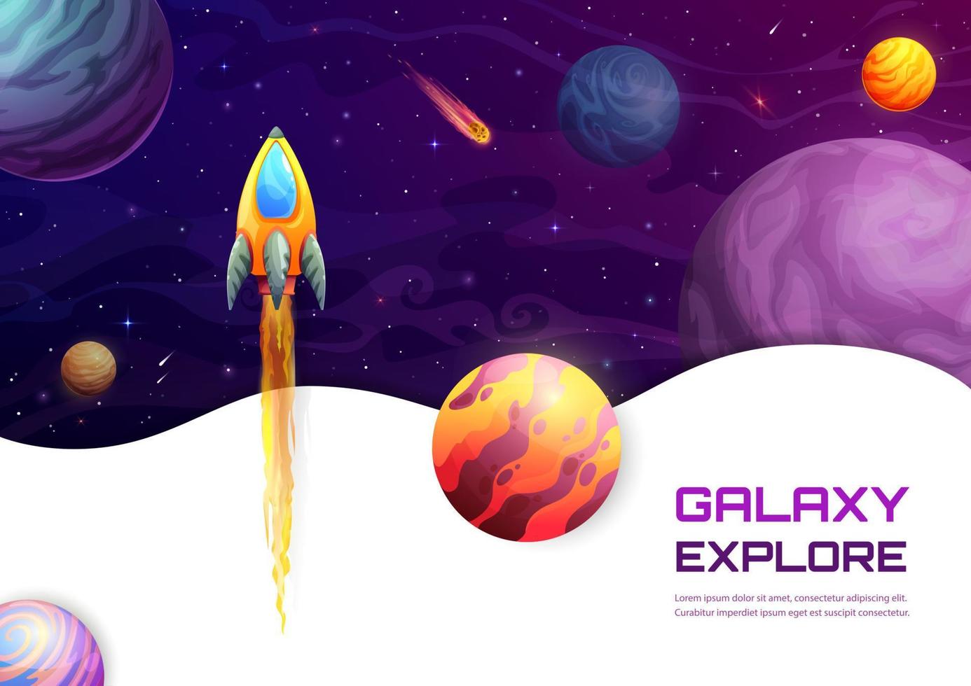 Space landing page with cartoon rocket, planets vector