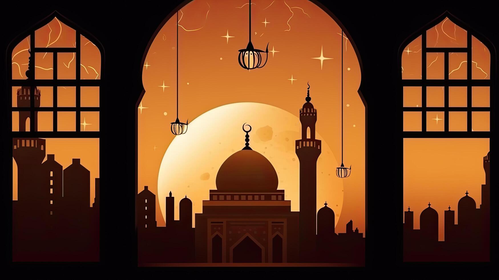 Islamic background with lantern lamp, moon, and mosque. photo