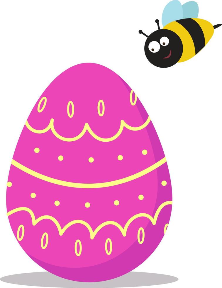 Vector illustration of an Easter egg and a bee.  Pink Easter egg with a beautiful pattern. Vector isolated drawing.Postcard.A flat illustration drawn by hand.