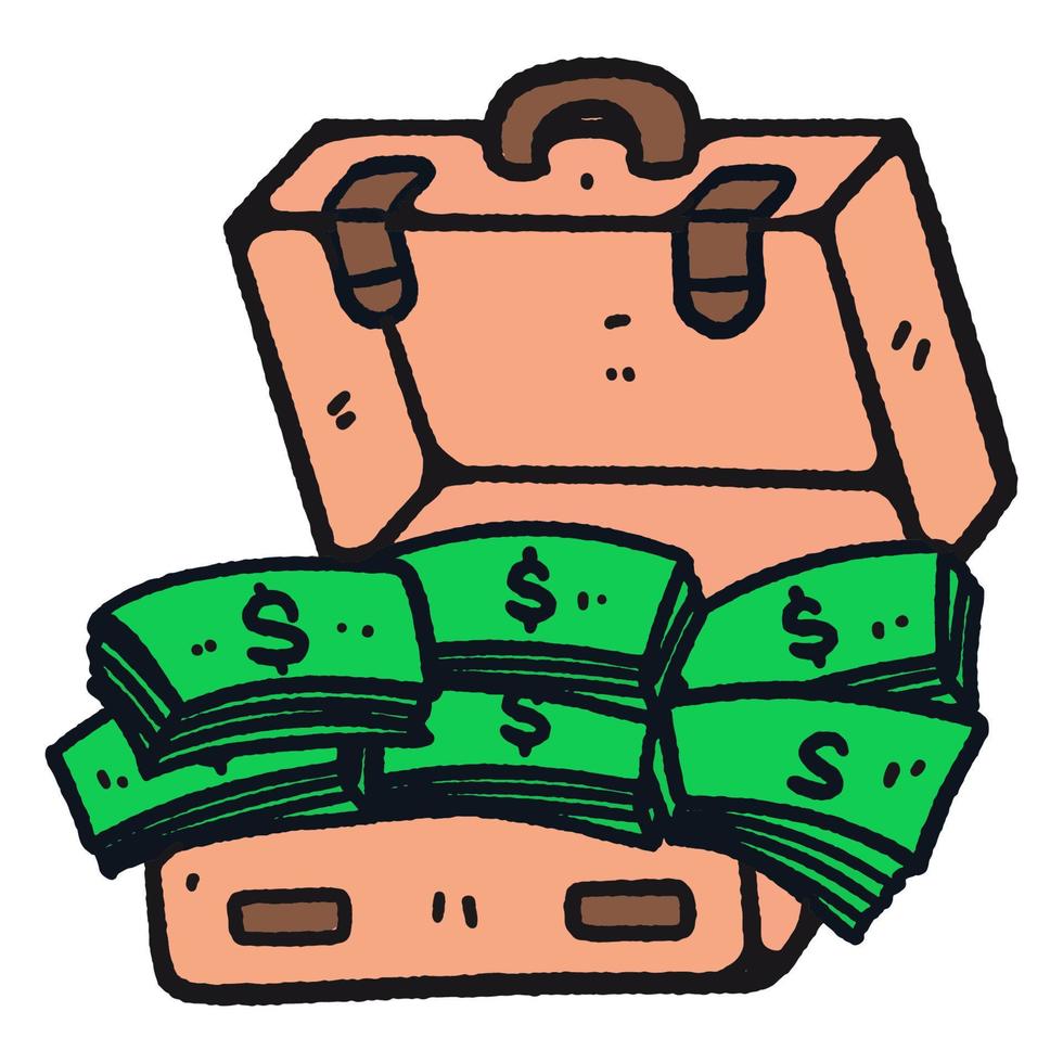 Hand drawn briefcase full of money cartoon illustration isolated on white vector