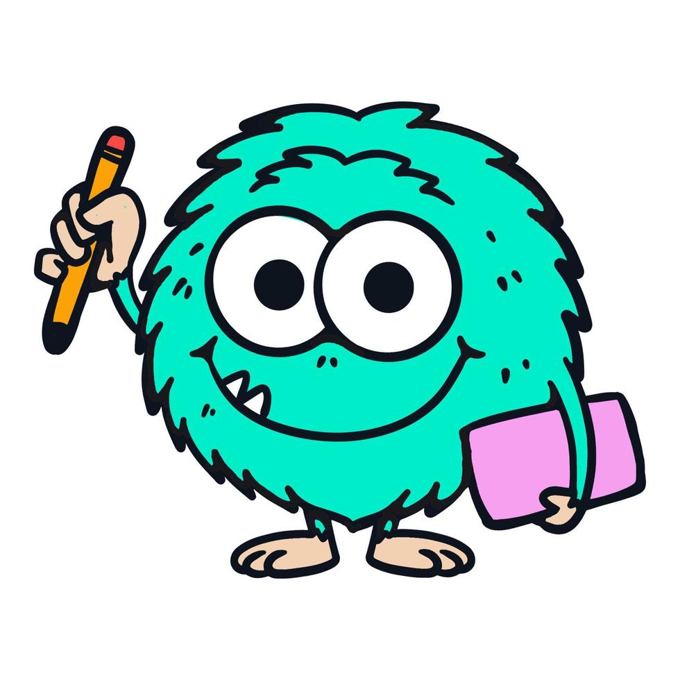 Hand drawn funny monster with pencil and book cartoon illustration isolated on white vector