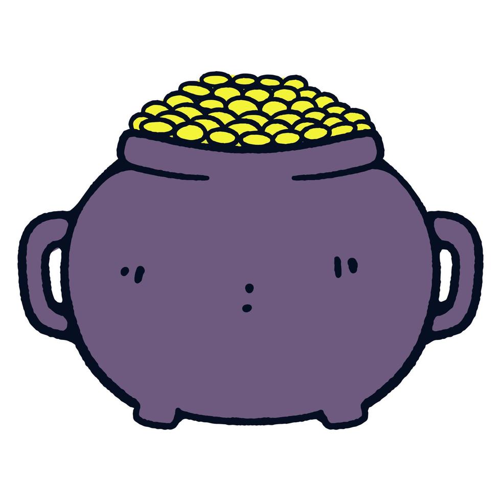 Hand drawn earthen jar with gold coins cartoon illustration isolated on white vector