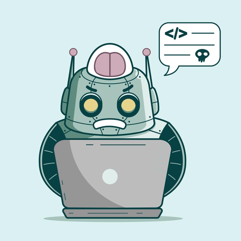 Cute robot hacking with laptop and speech bubble. Vector cartoon illustration.