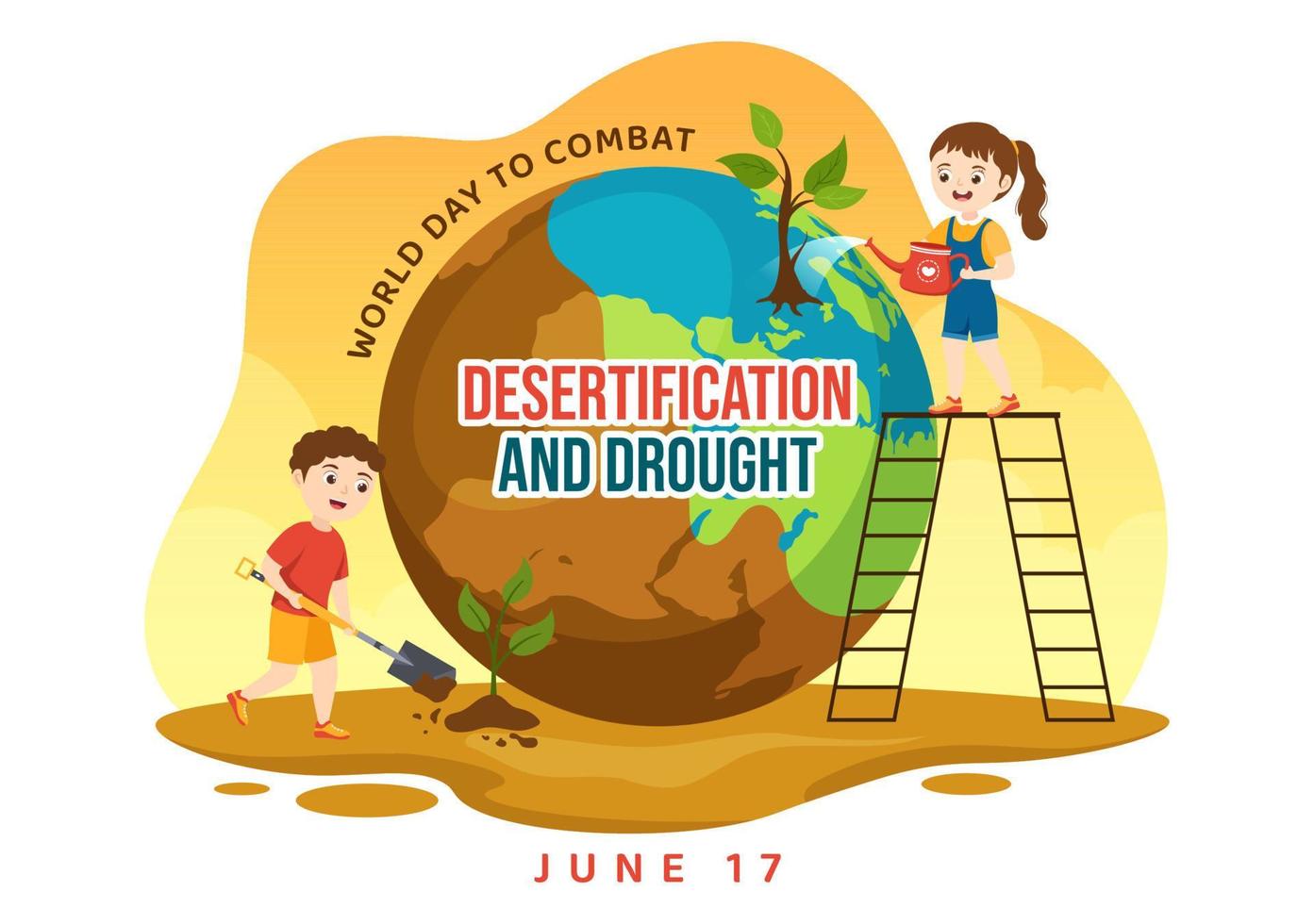 mundo día a combate desertificación y sequía vector ilustración con niños, torneado el Desierto dentro fértil tierra y pastos en ilustración