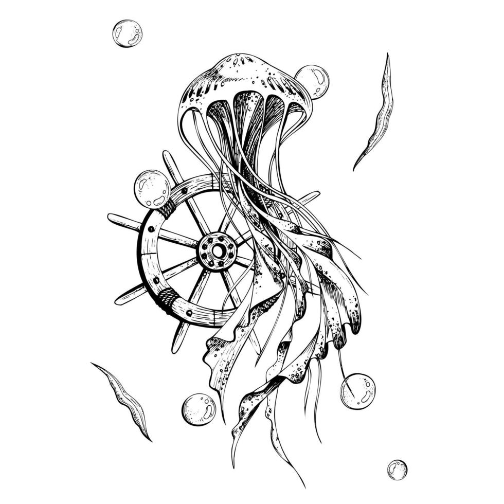 Sea jellyfish with ship's wheel, algae and water bubbles, isolated composition on white background hand drawn in graphic style. Eps vector illustration. For prints, posters, cards, stickers.