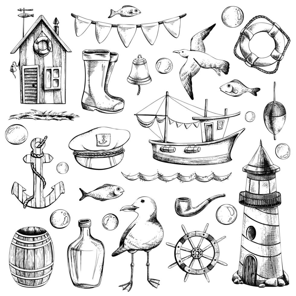Nautical set of illustrations isolated on a white background of a lighthouse, a boat, a fishermans house, seagulls, an anchor, a helm and a lifebuoy, hand drawn in a graphic. EPS vector illustration.