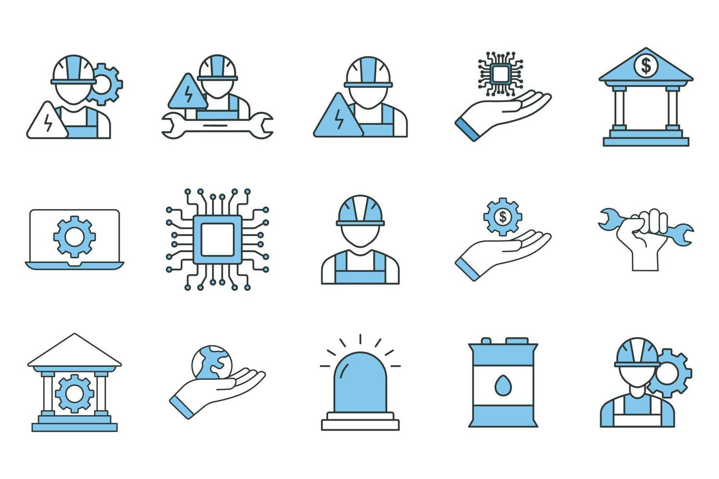 Industry set icon illustration. Two tone icon style. Financial services, services, engineering, worker, environmental, oil barrel, digital services. Simple vector design editable