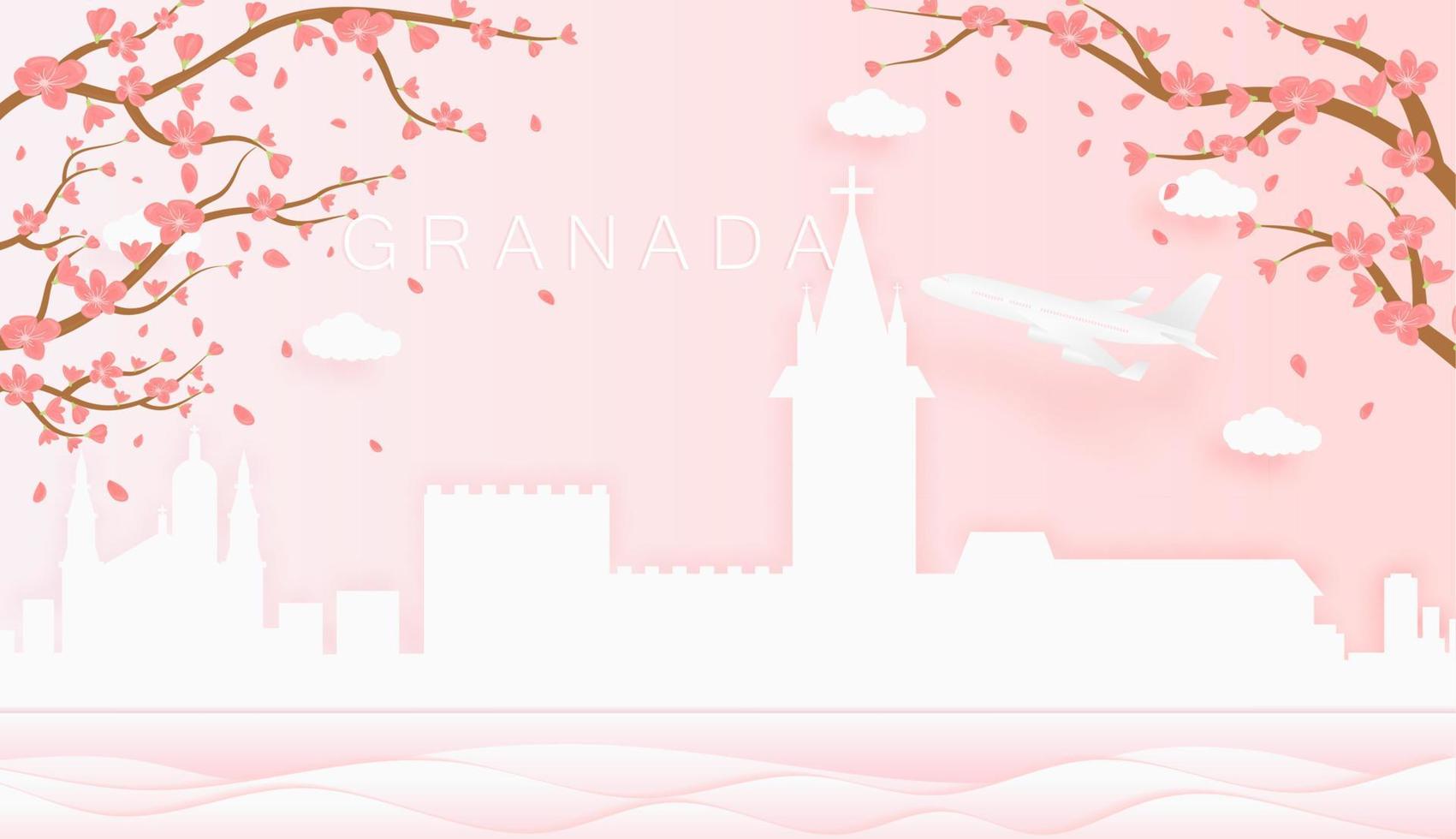 Panorama travel postcard, poster, tour advertising of world famous landmarks of Granada, spring season with blooming flowers in tree vector icon