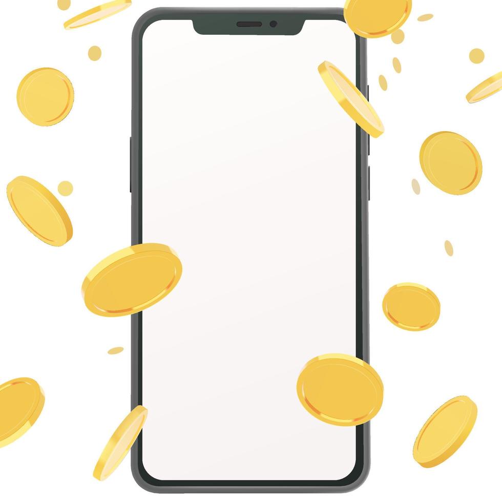 Golden coins falling around realistic smartphone illustration vector