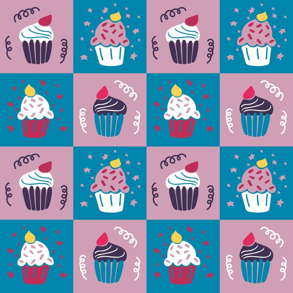 Bold vector isolated seamless pattern with sweet cupcakes in cutout flat style. Pop art imitation. Good for kitchen fabric, wallpaper, wrapping, background, interior decor, poster for social media