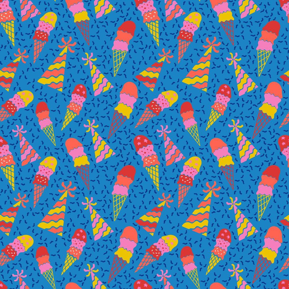 Bold modern minimalistic seamless pattern with element for birthday party. Vector bright ice cream cone and bonnets with confetti. Suitable for fabric, wallpaper, wrapping, background, poster