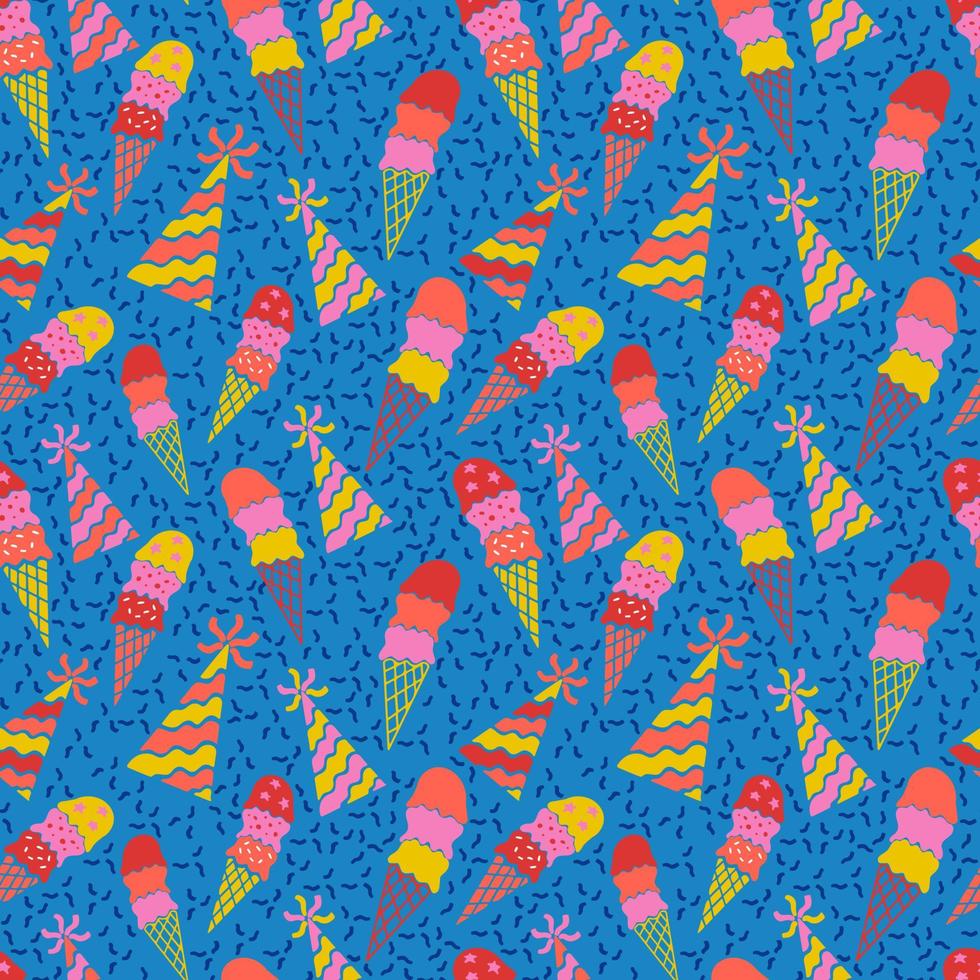 Bold modern minimalistic seamless pattern with element for birthday party. Vector bright ice cream cone and bonnets with confetti. Suitable for fabric, wallpaper, wrapping, background, poster