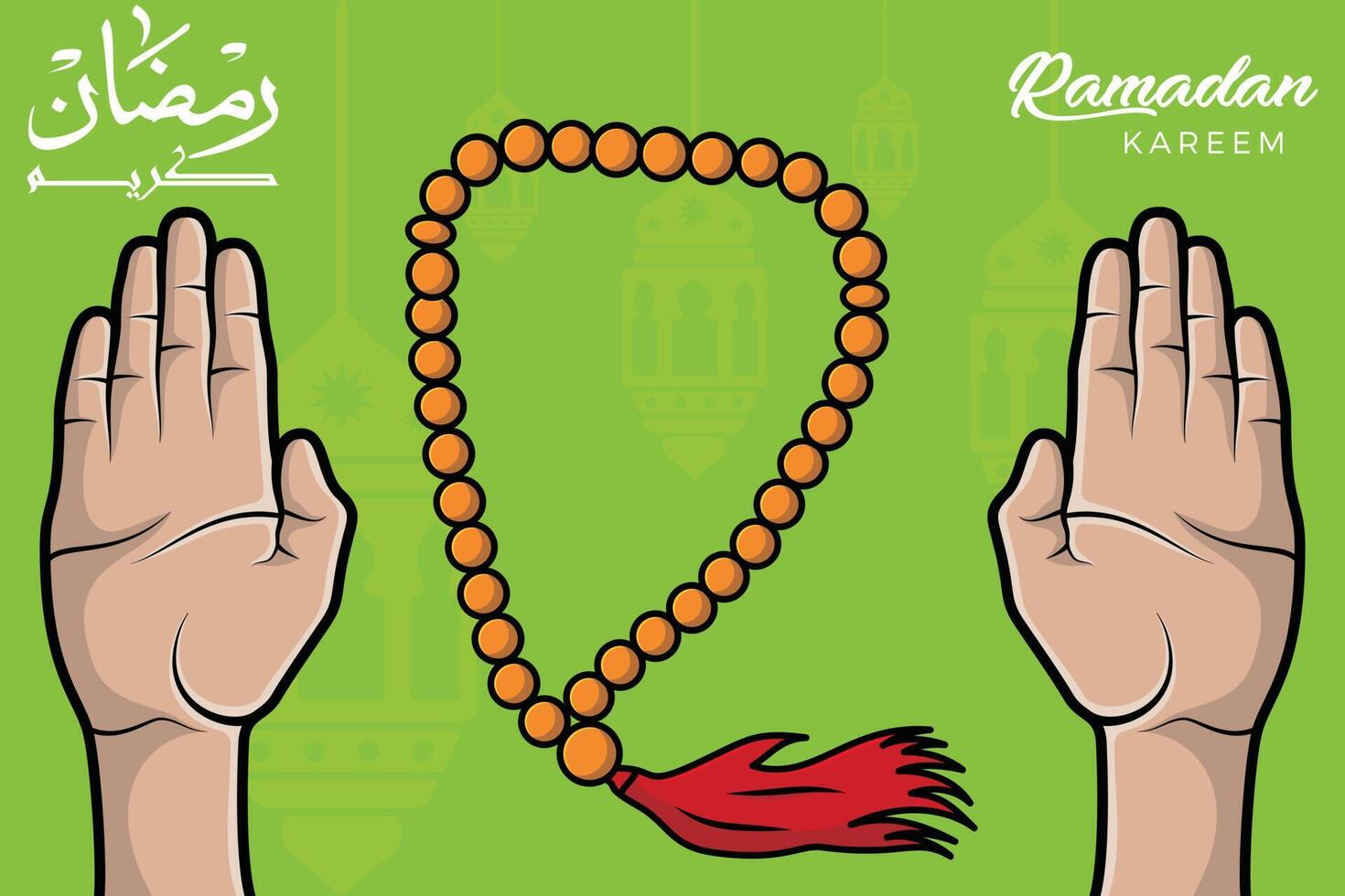 Hands with Chaplet of Beads and Ramadan Kareem calligraphy vector background illustration. Islamic holiday icon concept. Ramadan Kareem lantern lamp in background icon design.