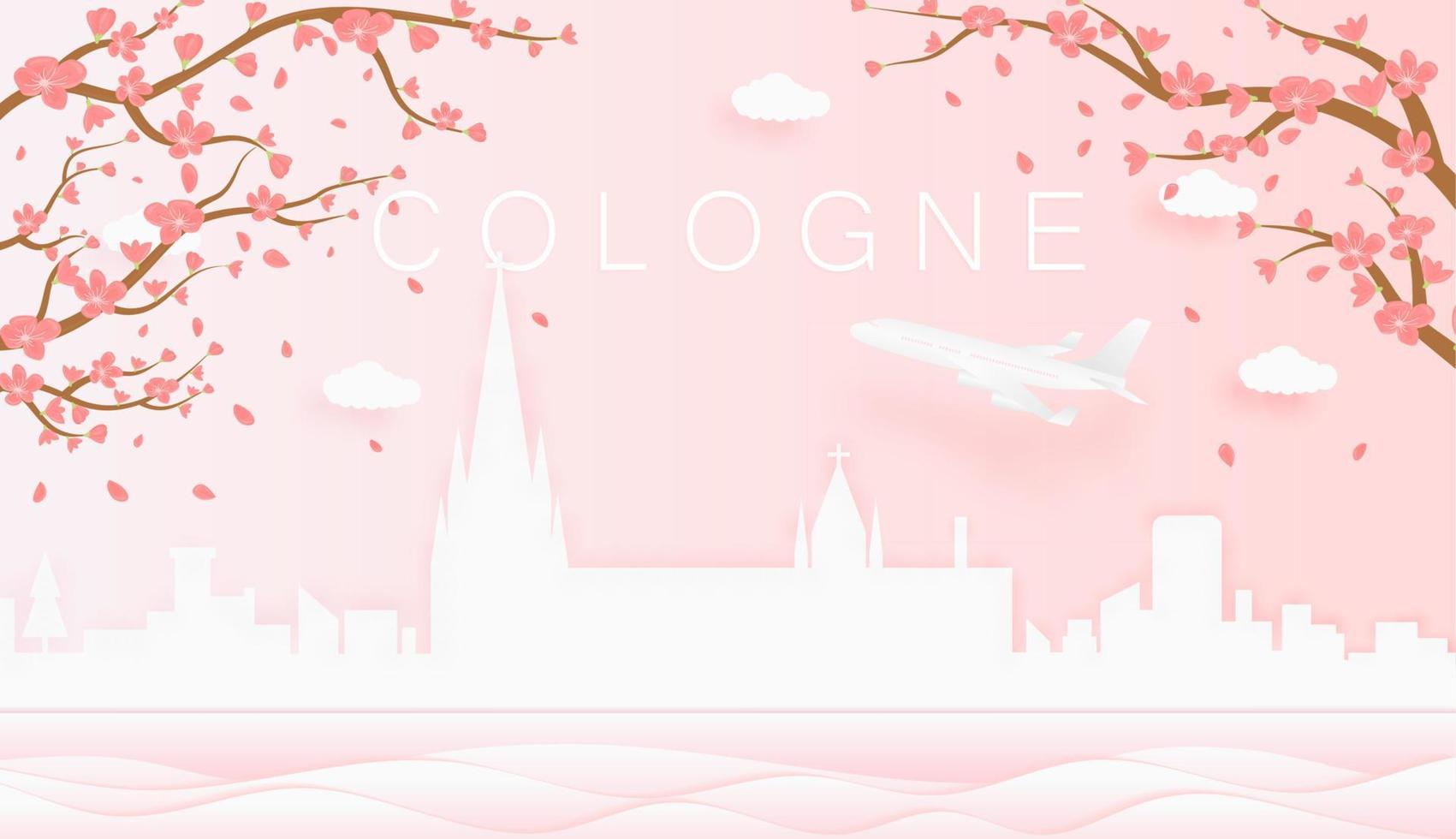 Panorama travel postcard, poster, tour advertising of world famous landmarks of Cologne, spring season with blooming flowers in tree vector icon