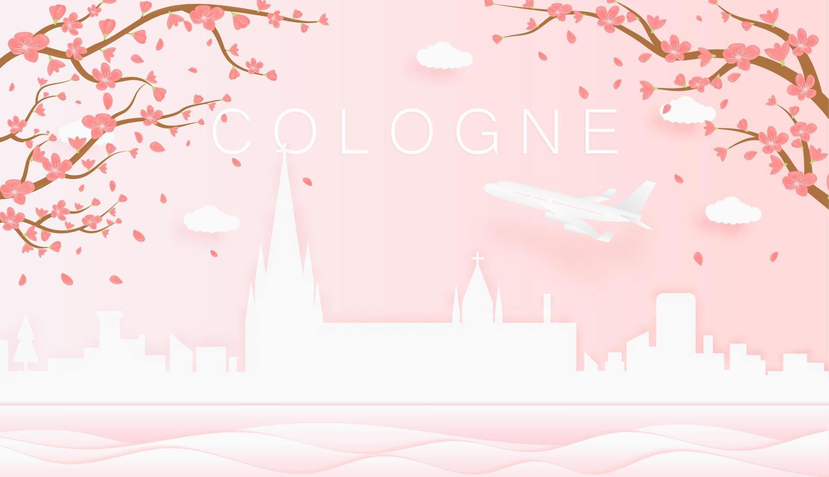 Panorama travel postcard, poster, tour advertising of world famous landmarks of Cologne, spring season with blooming flowers in tree vector icon