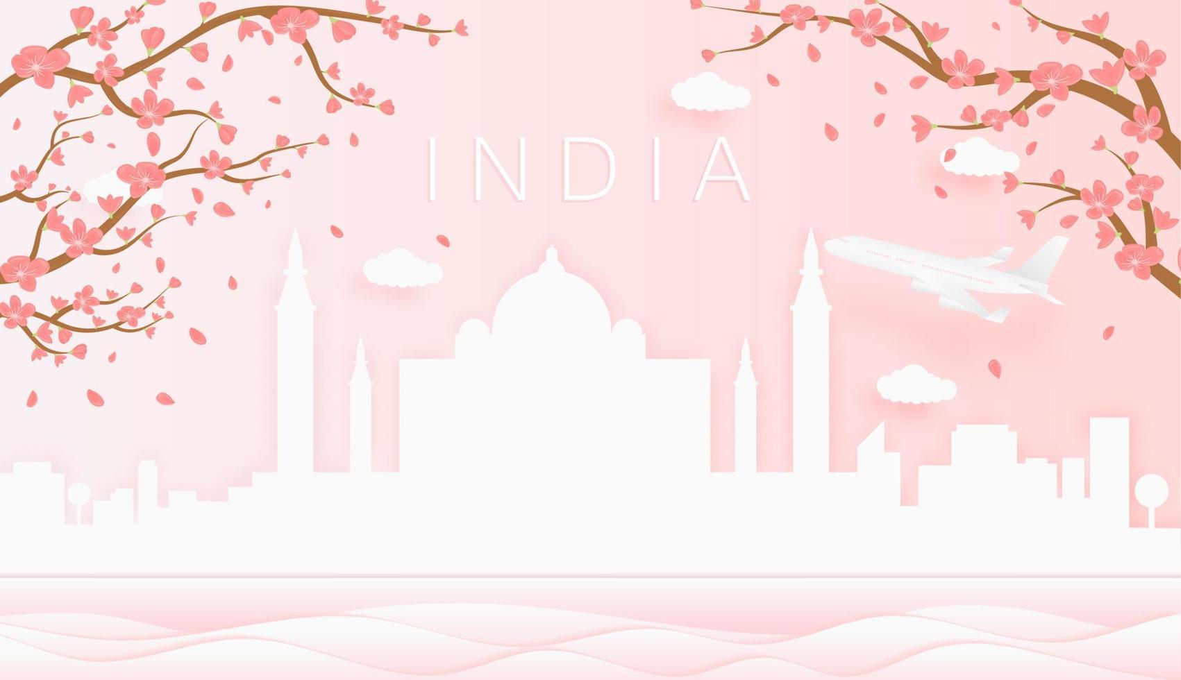 Panorama travel postcard, poster, tour advertising of world famous landmarks of India, spring season with blooming flowers in tree vector icon