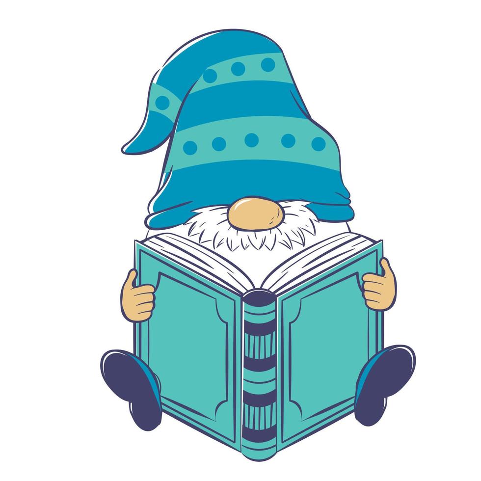 Cute cartoon gnome is reading a huge book. vector