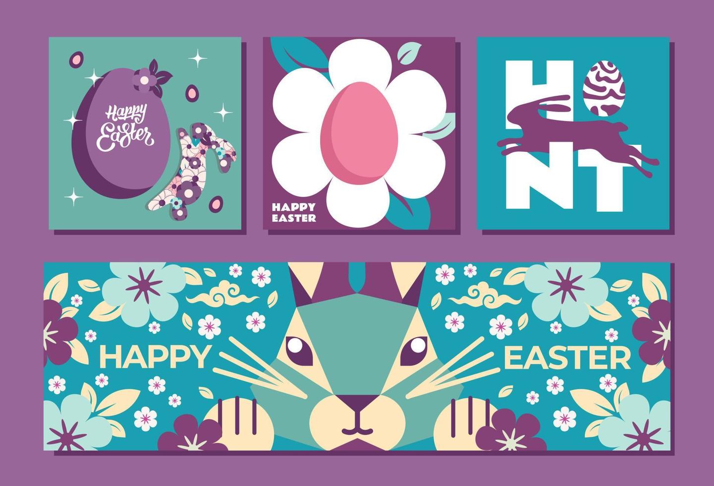 Set of 3 templates and 1 banner for Happy Easter. Many bunnies, flowers and pastel colors. This design will perfectly complement your project and make it more festive vector