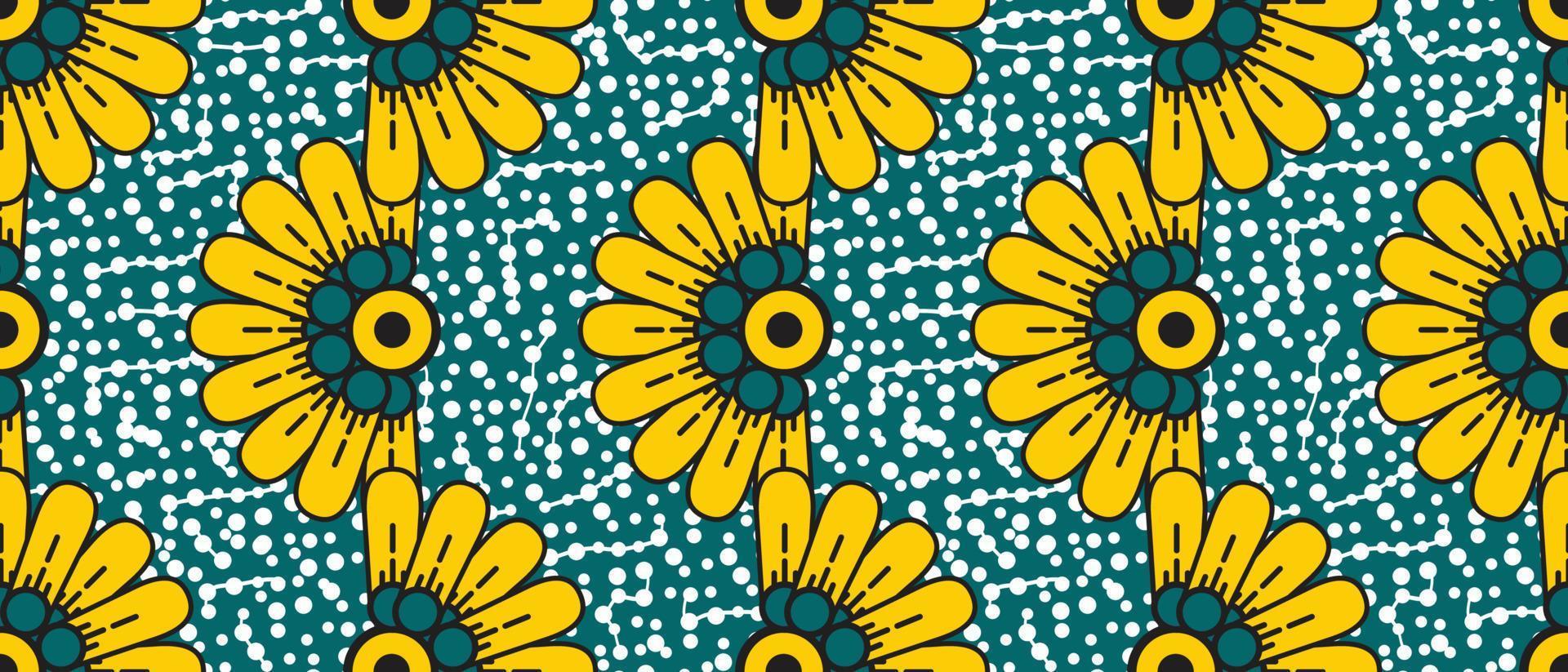 African wax print pattern. seamless beautiful Kitenge, chitenge, dutch wax, and Angara style. fashion design in colorful. yellow botanical flowers on green background. African Wax Print Fabric. vector