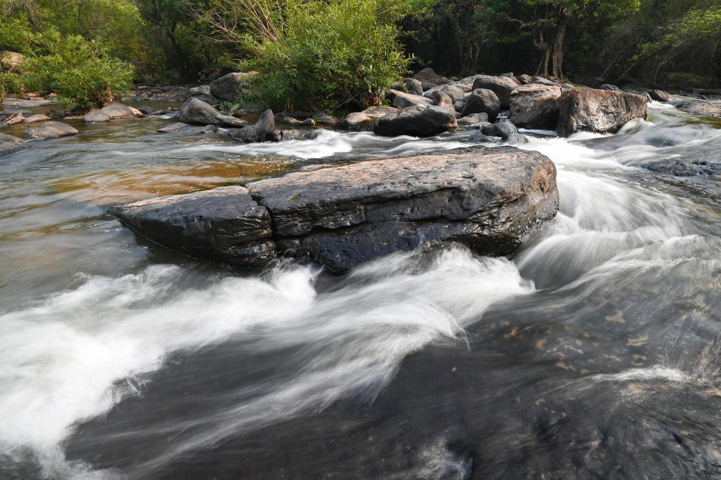 beautiful nature water stream with rocks in the tropical forest little mountain waterfall water flowing and stone clear water in mountain river with tree River stream waterfall in forest landscape photo