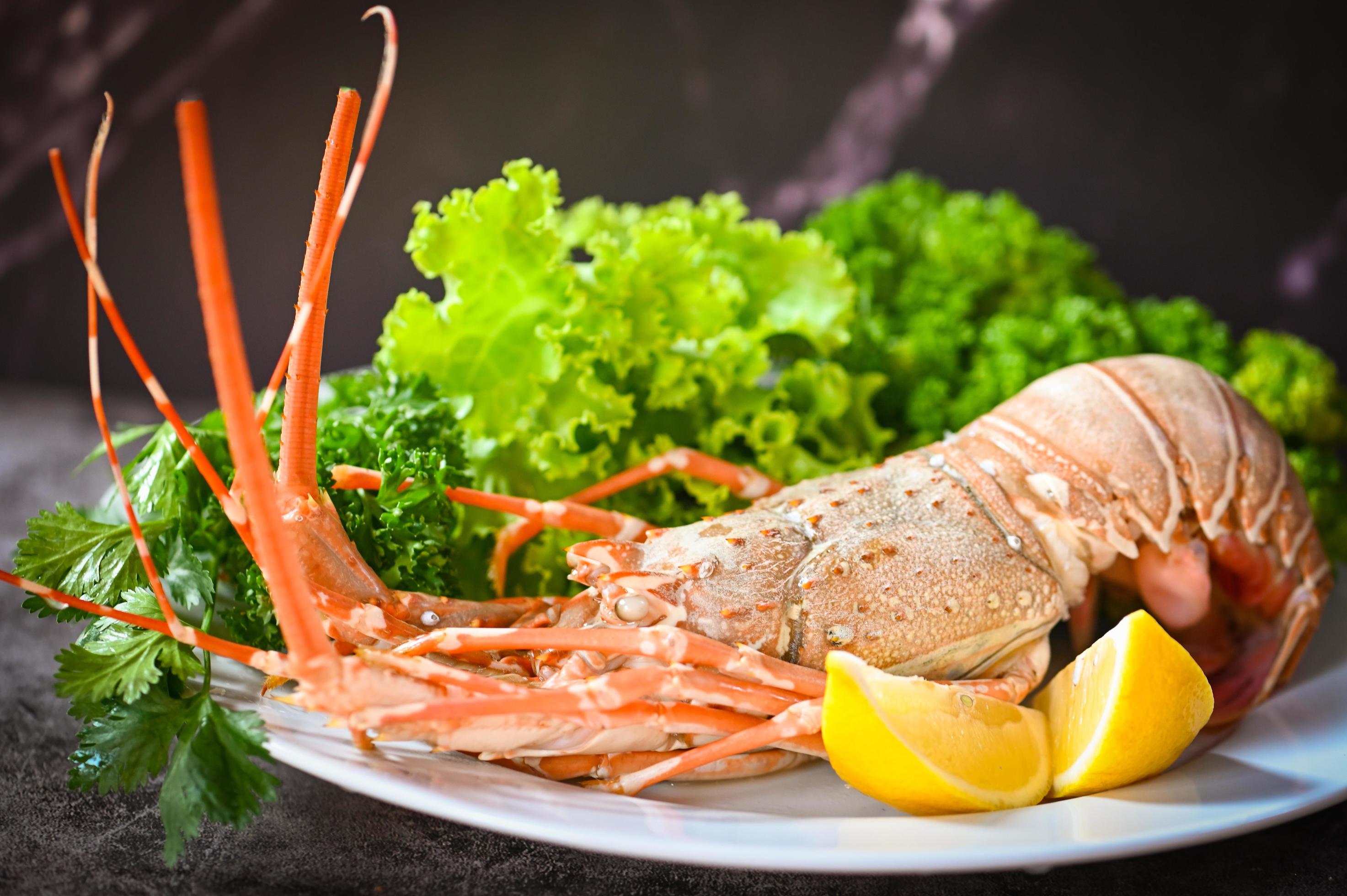 spiny lobster food on plate, fresh lobster or rock lobster seafood with