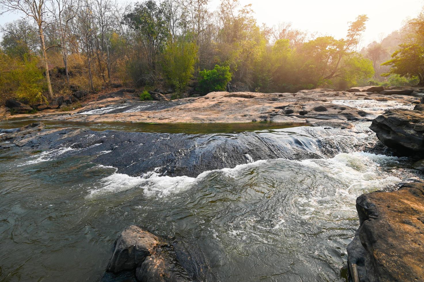 River stream waterfall in forest landscape, beautiful nature water stream with  rocks in the tropical forest little mountain waterfall water flowing and stone clear water in mountain river with tree photo