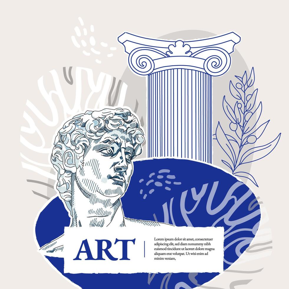 Art of sculpture. Creative square post concept with abstract geometric shapes and Ancient sculptures. Roman and Greek vector illustration. Art posters for the exhibition, magazine or cover