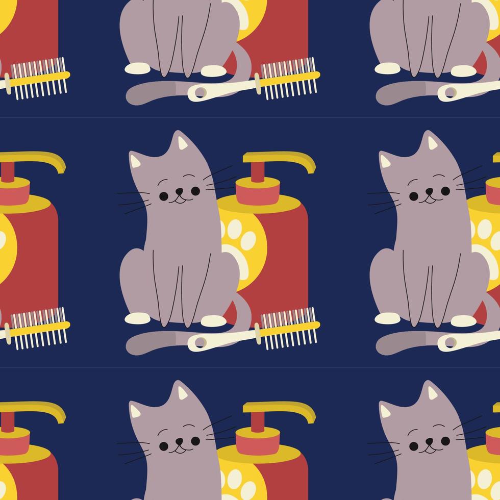 Pattern with shampoo bottle, comb for animals, cats, dogs, pet care. vector