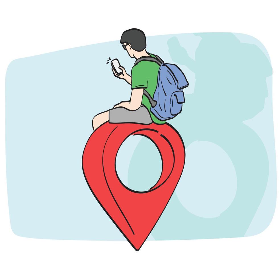 línea Arte masculino viajero con mochila sentado en grande rojo ubicación icono ilustración vector mano dibujado aislado en blanco antecedentes
