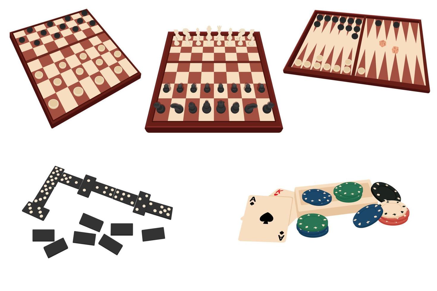 Set of board game illustrations. Chess, checkers, backgammon, dominoes, poker. Leisure activities for the company of friends, spend time at home. Entertainment for adults and children vector