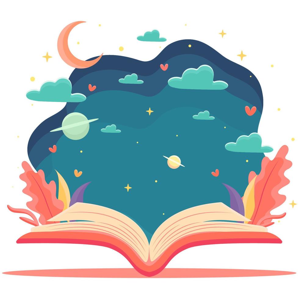 Open book, concept of interesting stories in a book, World Book Day or Children's Book Day, abstract patterns, leaves, decorative elements vector