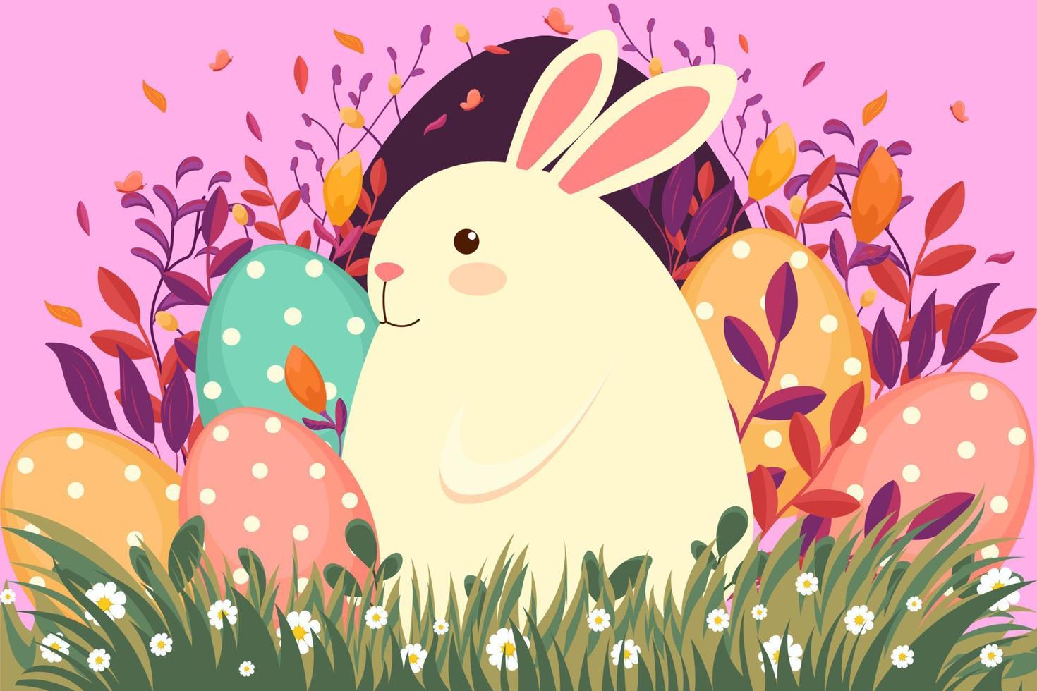 Easter illustration with bunny, flowers, Easter eggs, background, banner or seasonal card, spring illustration, holiday illustration vector