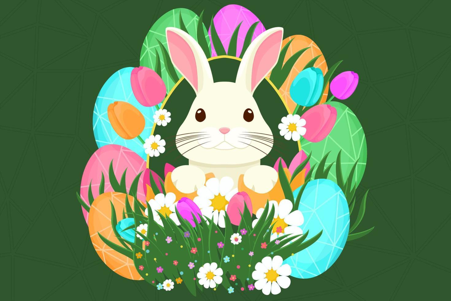 Easter illustration with bunny, flowers, Easter eggs, background, banner or seasonal card, spring illustration, holiday illustration vector