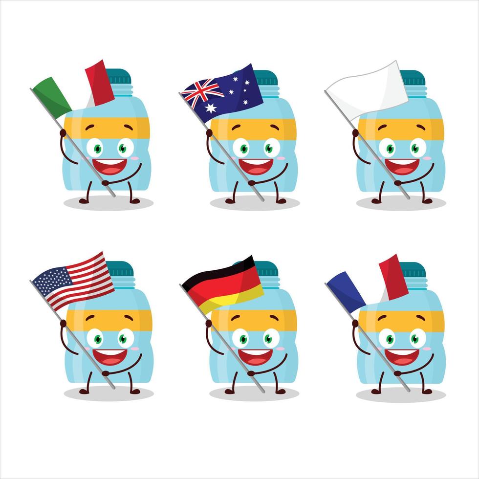 bebida botella dibujos animados personaje traer el banderas de varios países vector