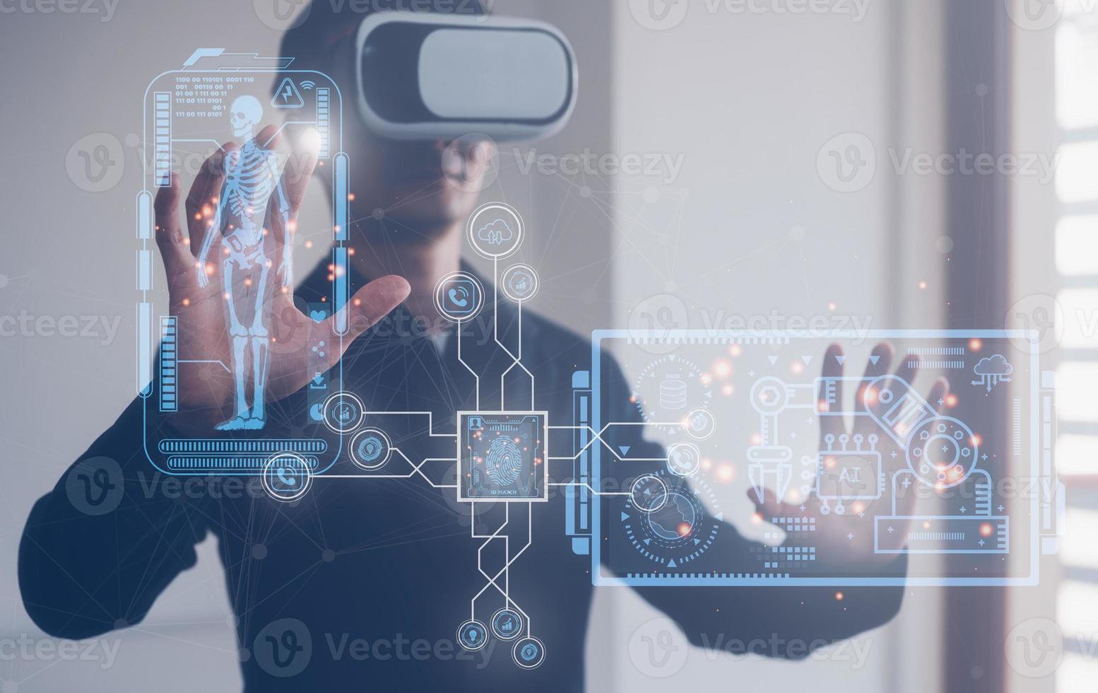 digital technology medical internet connection, man wearing VR glasses working with virtual Global Internet connection metaverse, AI technology medical health tech. photo
