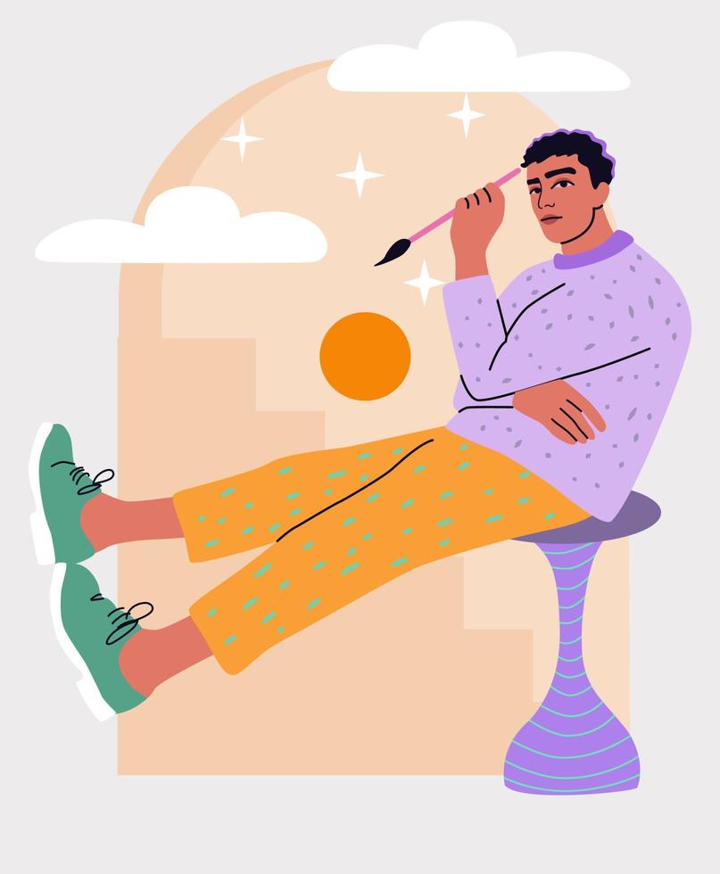 Young man sitting on a chair. Pensive guy with painting brush. An artist looking for inspiration. vector