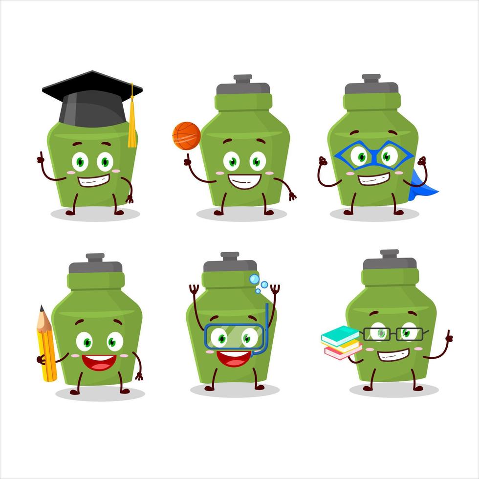 School student of green drink bottle cartoon character with various expressions vector