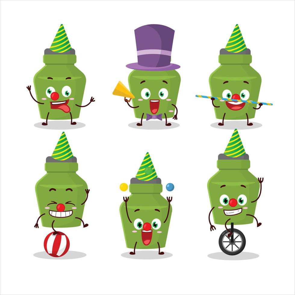 Cartoon character of green drink bottle with various circus shows vector