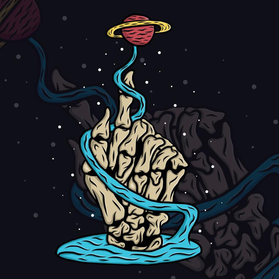 mano arriba agua galaxia planeta huesos dedo gráfico vector ilustración