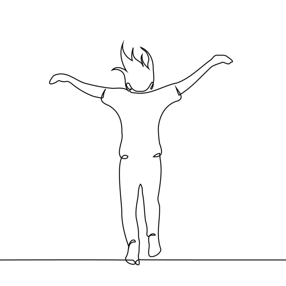 woman is jumping, her arms are outstretched like wings and her hair is full of a gust of wind - one line drawing vector. the concept of love of freedom, debt relief, getting rid of childhood trauma vector