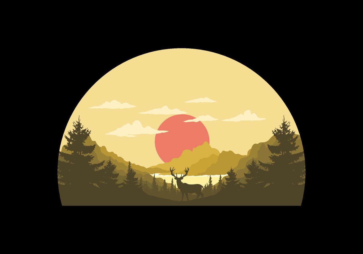 ilustración de arte paisajístico de lagos y bosques de pinos vector