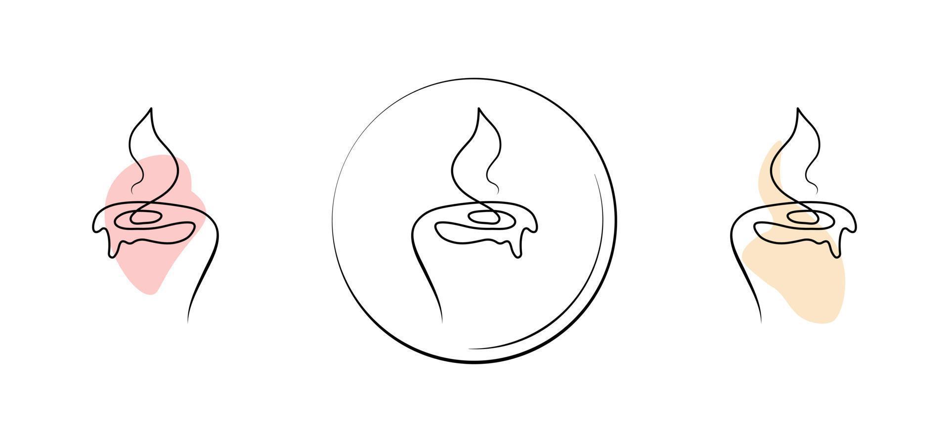 Set of minimalistic continuous line burning candle for the logo in various designs. Candle in one line art style. vector