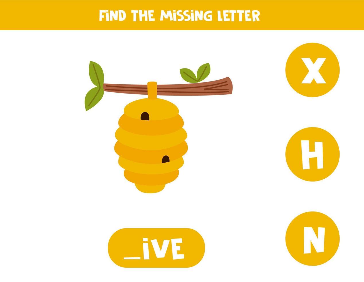Find missing letter with cartoon beehive. Spelling worksheet. vector