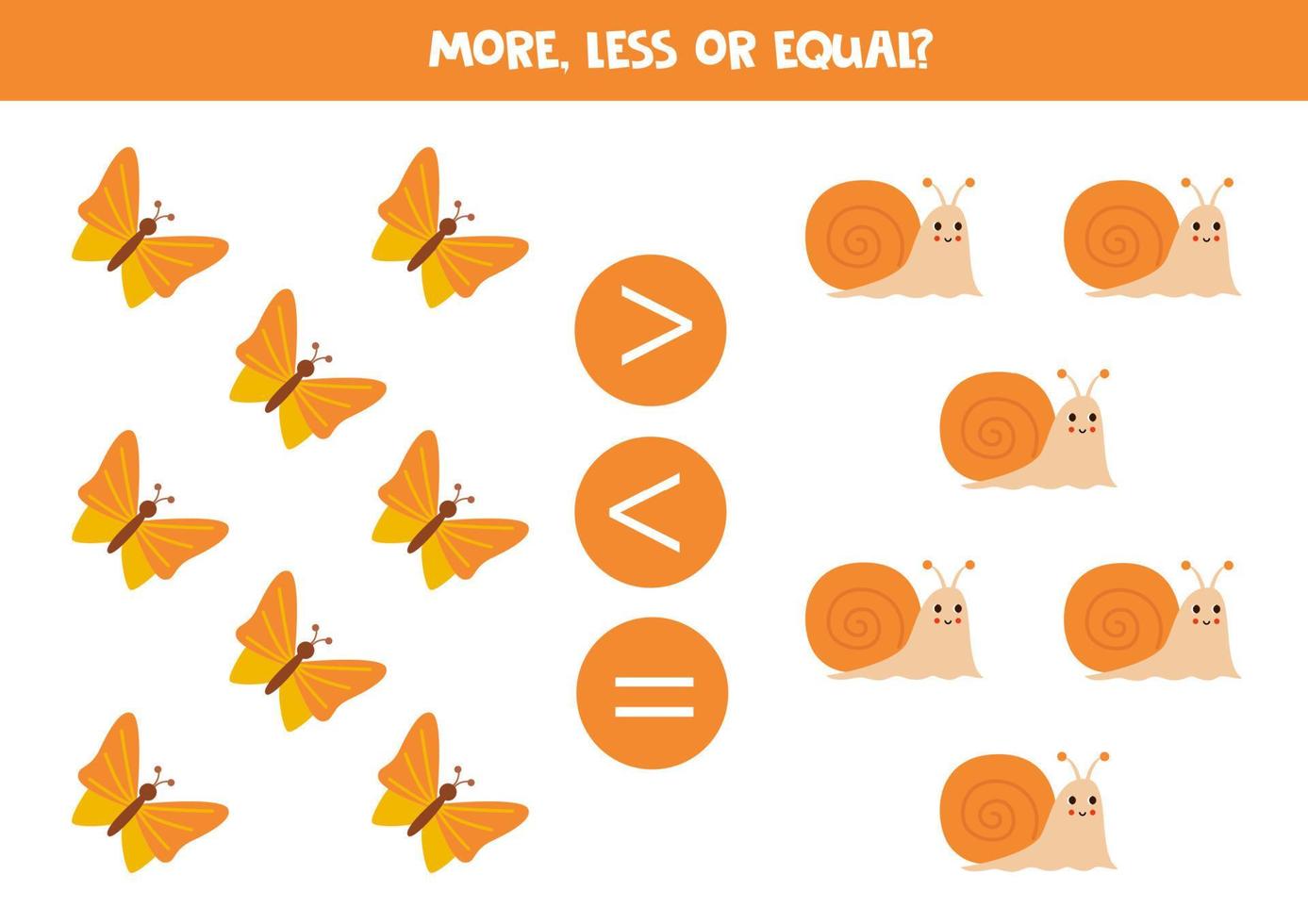 More, less or equal with cartoon cute insects. vector