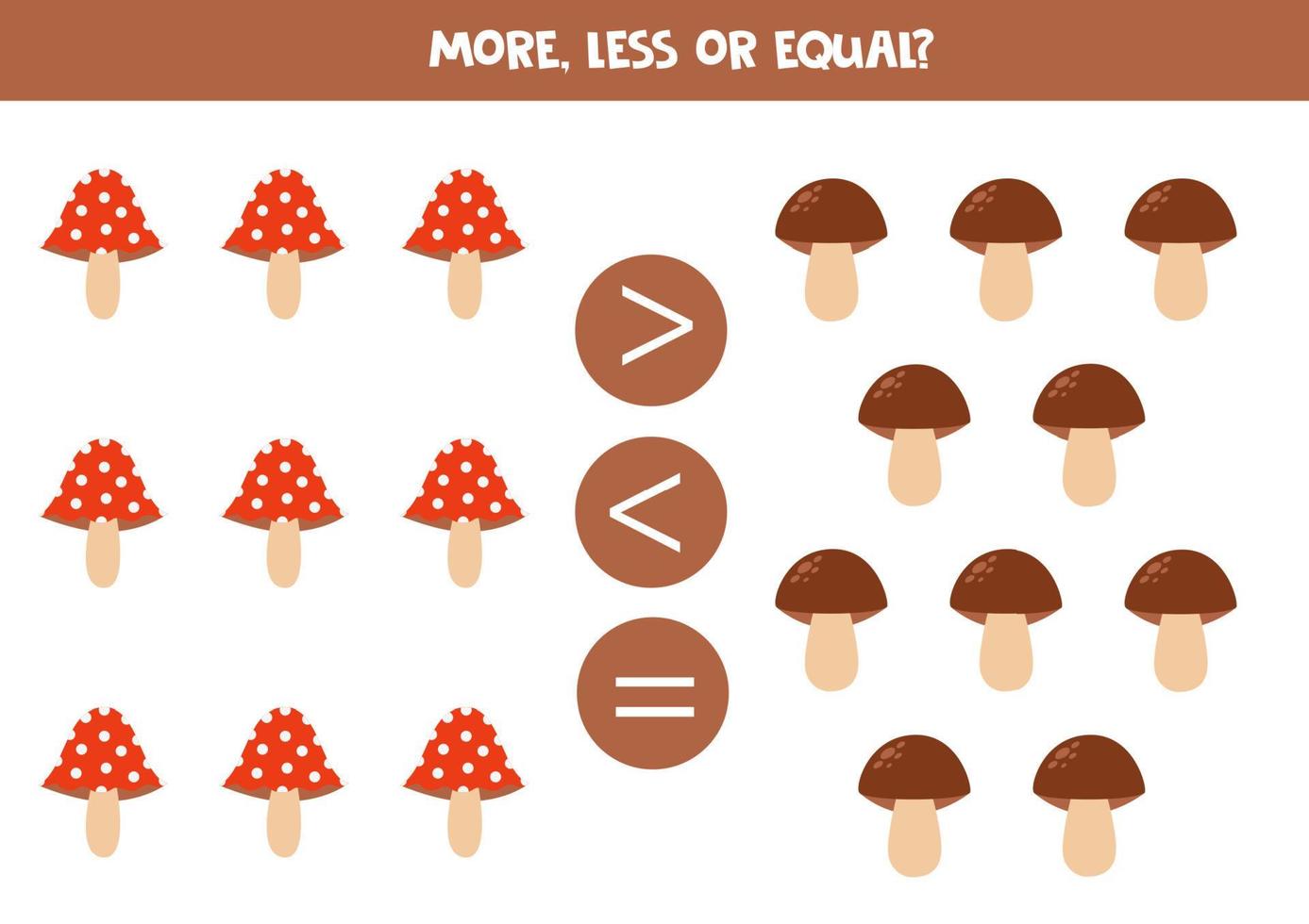 More, less or equal with cartoon cute mushrooms. vector