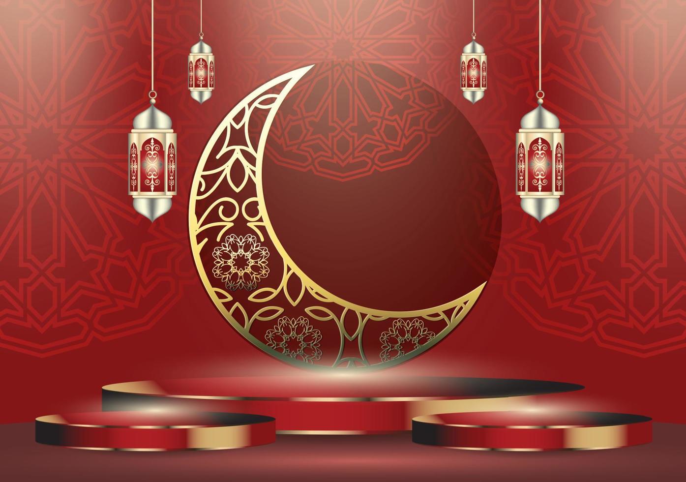 Islamic holiday celebration banner designed with crescent moon and illustration of mosque. Background suitable for Ramadan and Eid al-Fitr vector