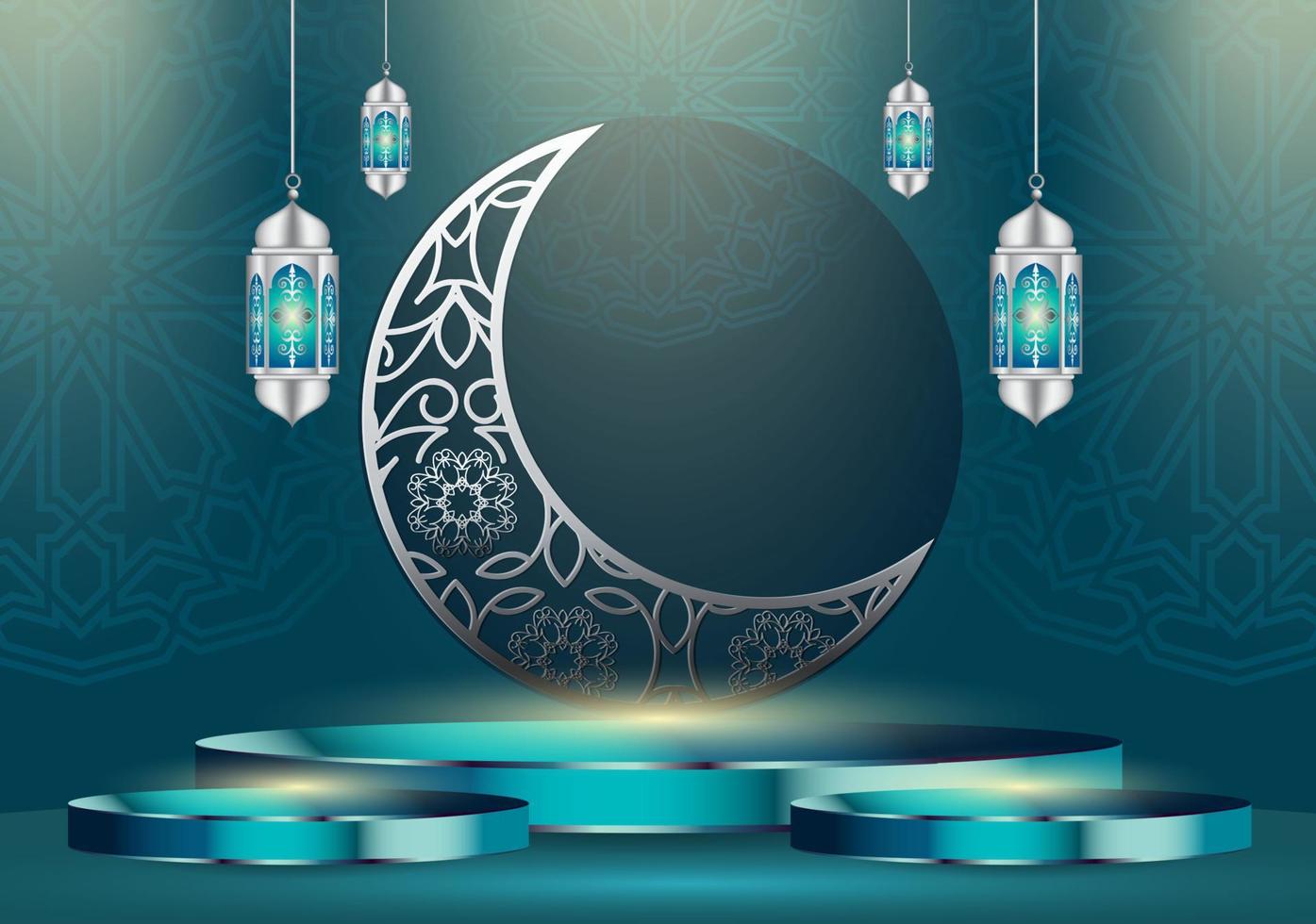 Islamic holiday celebration banner designed with crescent moon and illustration of mosque. Background suitable for Ramadan and Eid al-Fitr vector